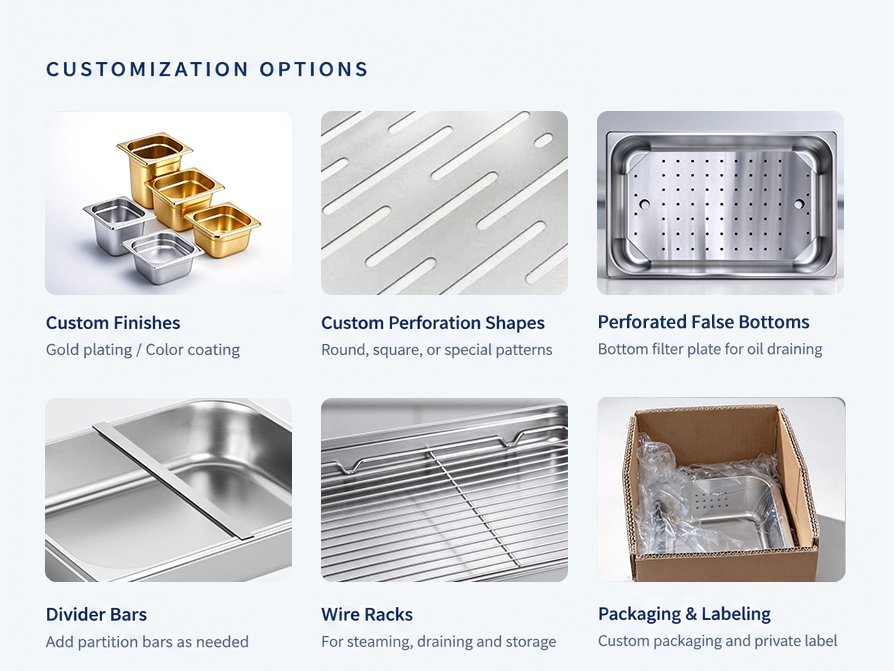 Customized stainless steel food pans with gold finish, colored finishes, custom perforations, divider bars, wire racks, filter plates and packaging